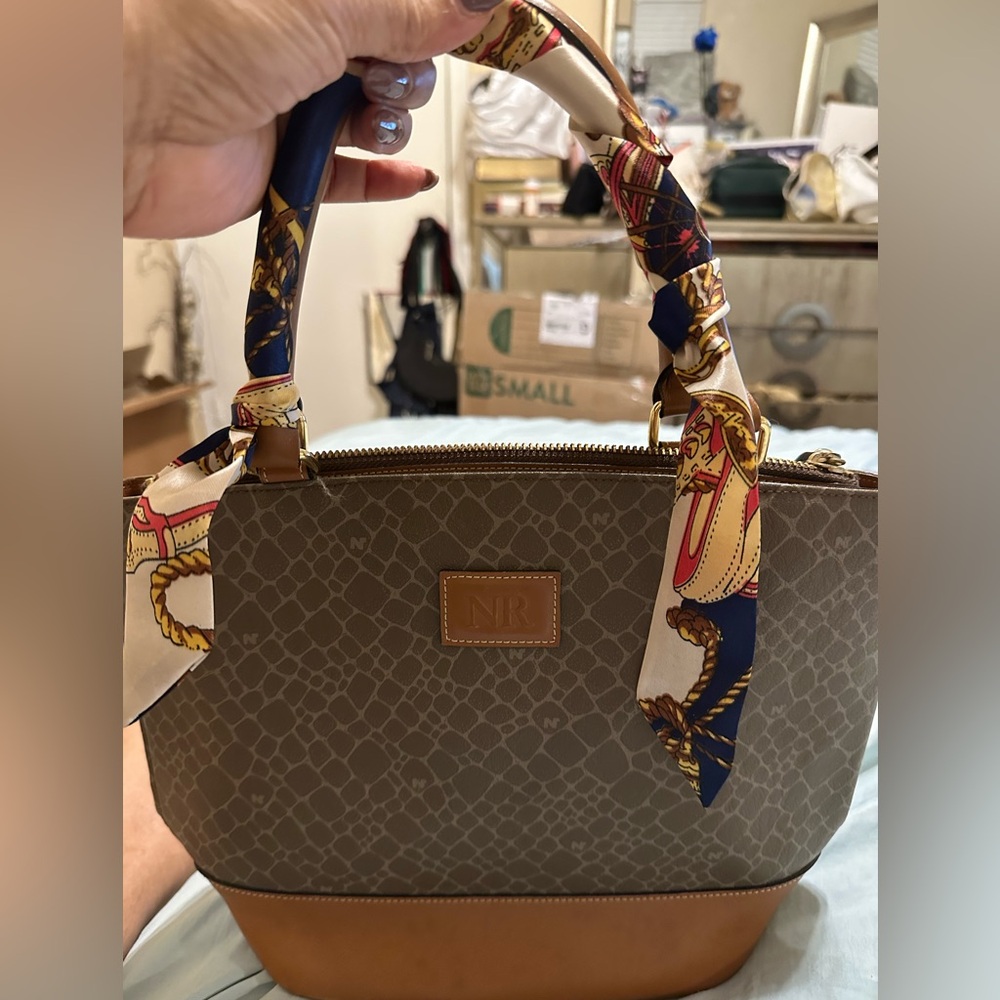NINA RICCI- Tan Patterned Women's Bag with Scarf Handles